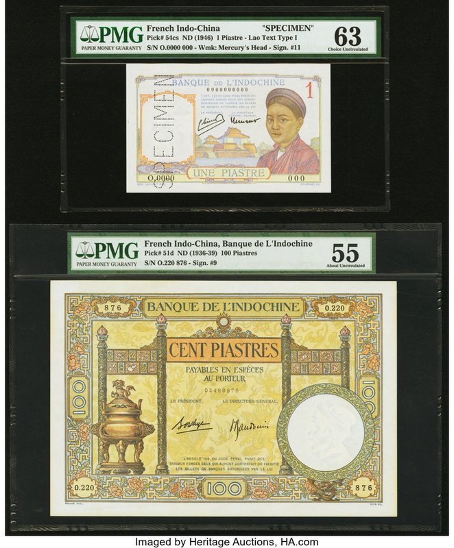 French Indochina Banque de l'Indo-Chine 1 Piastre ND (1946) Pick 54cs Specimen P...
