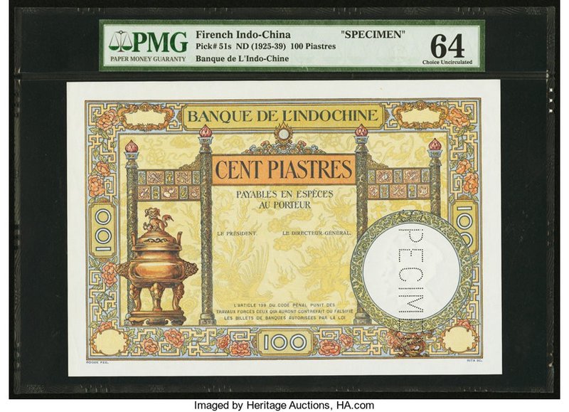 French Indochina Banque de l'Indo-Chine 100 Piastres ND (1925-39) Pick 51s Speci...