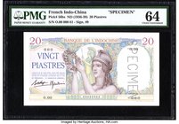 French Indochina Banque de l'Indo-Chine 20 Piastres ND (1936-39) Pick 56bs Specimen PMG Choice Uncirculated 64. A scarce example highlighted by a vign...