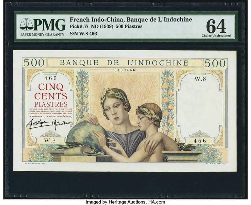 French Indochina Banque de l'Indo-Chine 500 Piastres ND (1939) Pick 57 PMG Choic...