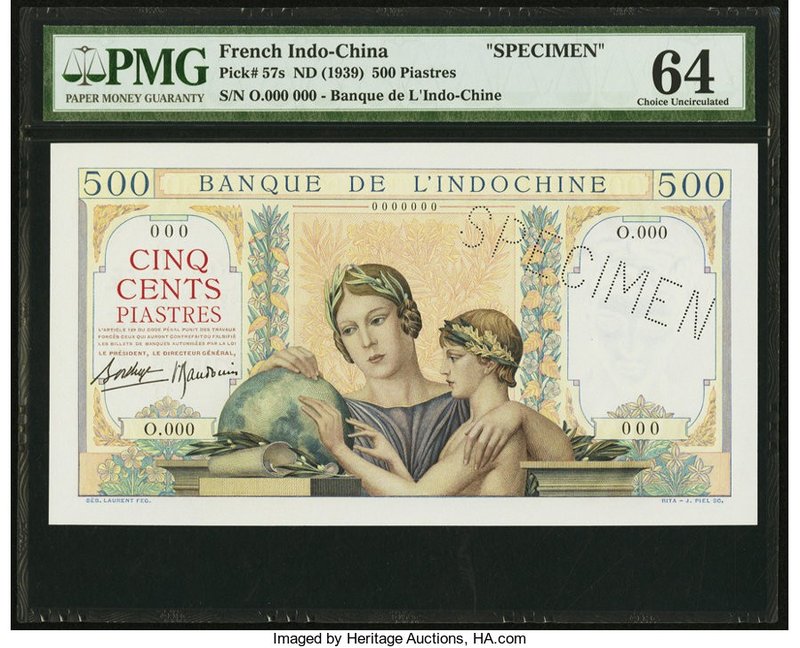 French Indochina Banque de l'Indo-Chine 500 Piastres ND (1939) Pick 57s Specimen...