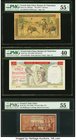 French Indochina Group Lot of 3 Classic Banque de L'Indochine Designs. 5 Piastres ND (1951) Pick 75a PMG About Uncirculated 55 Net, repaired, 20 Piast...