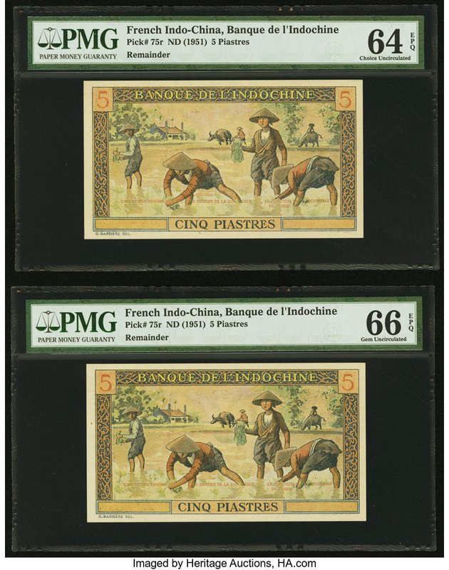 French Indochina Banque de l'Indo-Chine 5 Piastres ND (1951) Pick 75r Two Remain...