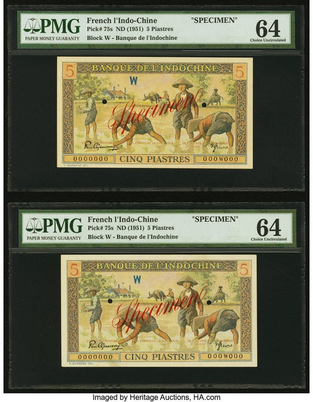 French Indochina Banque de l'Indo-Chine 5 Piastres ND (1951) Pick 75s Two Specim...
