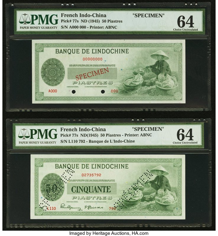 French Indochina Banque de l'Indo-Chine 50 Piastres ND (1945) Pick 77s Two Speci...