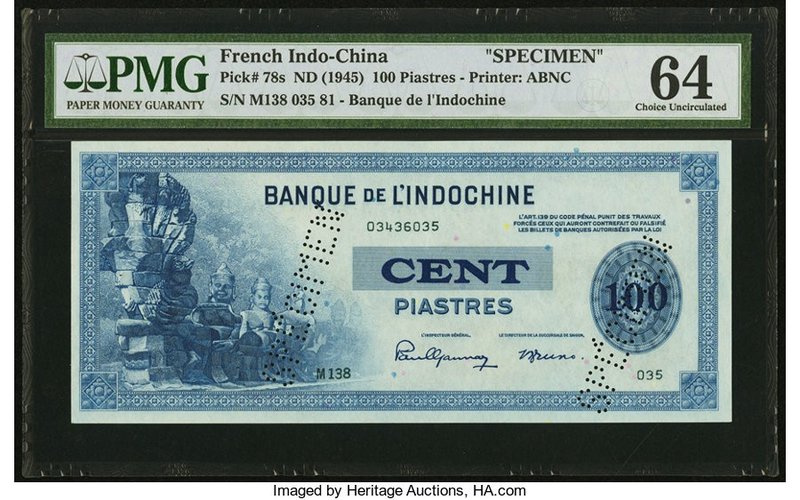 French Indochina Banque de l'Indo-Chine 100 Piastres ND (1945) Pick 78s Specimen...
