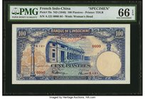 French Indochina Banque de l'Indo-Chine 100 Piastres ND (1946) Pick 79s Specimen PMG Gem Uncirculated 66 EPQ. A beautiful, large format type, printed ...