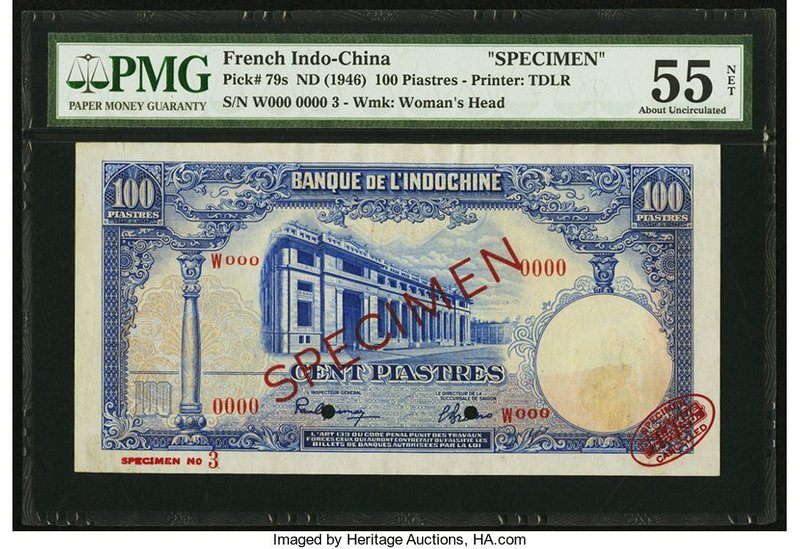 French Indochina Banque de l'Indo-Chine 100 Piastres ND (1946) Pick 79s Specimen...