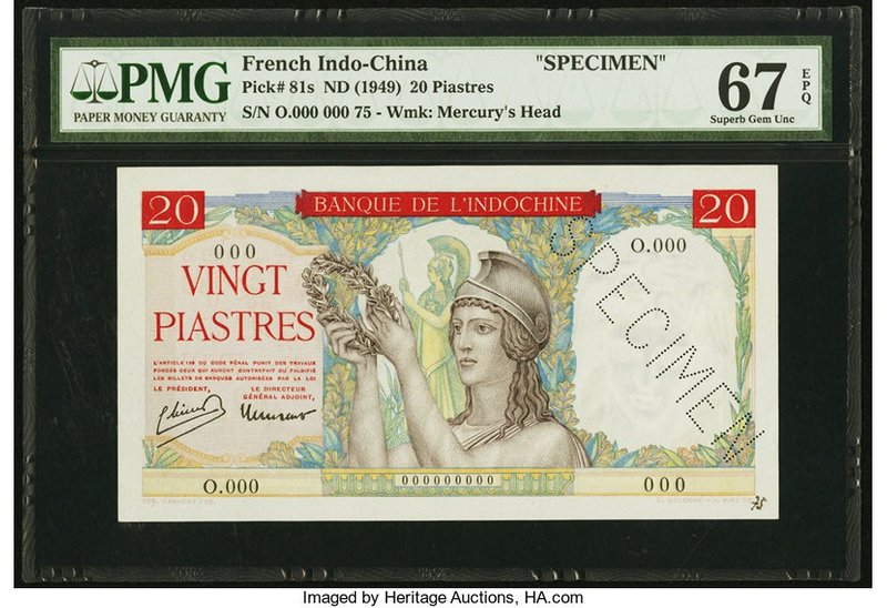 French Indochina Banque de l'Indo-Chine 20 Piastres ND (1949) Pick 81s Specimen ...