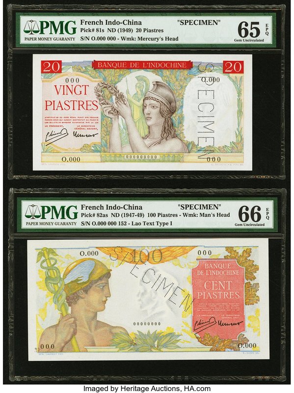 French Indochina Banque de l'Indo-Chine 20; 100 Piastres ND (1949); ND (1947-49)...