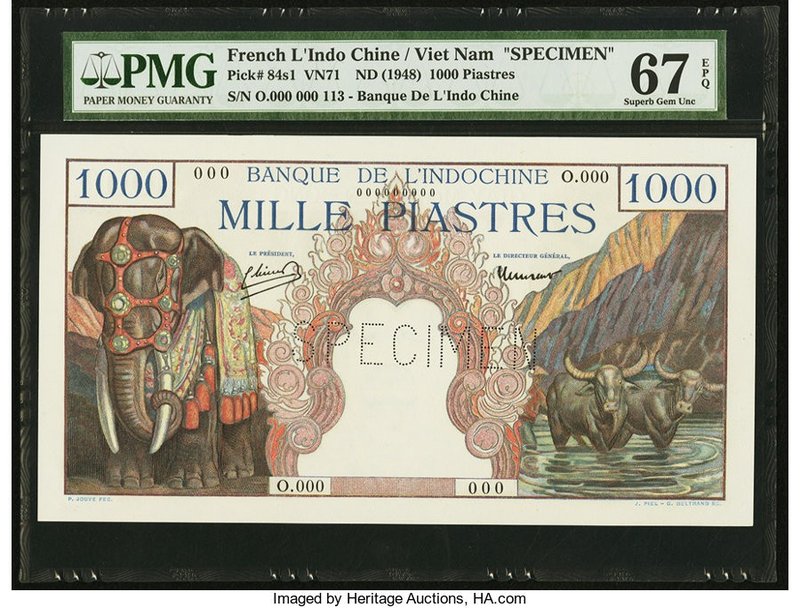 French Indochina Banque de l'Indo-Chine 1000 Piastres ND (1948) Pick 84s1 Specim...
