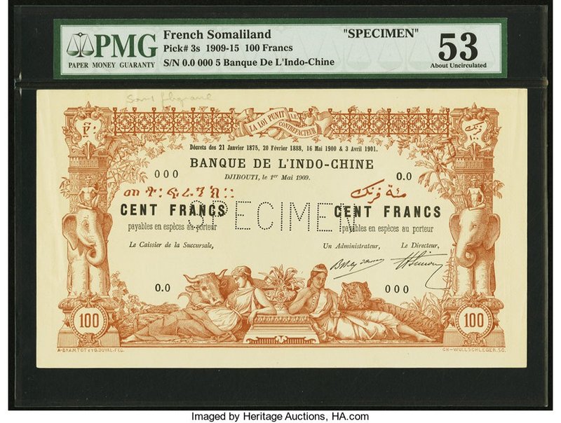 French Somaliland Banque de l'Indochine 100 Francs 1.5.1909 Pick 3s Specimen PMG...