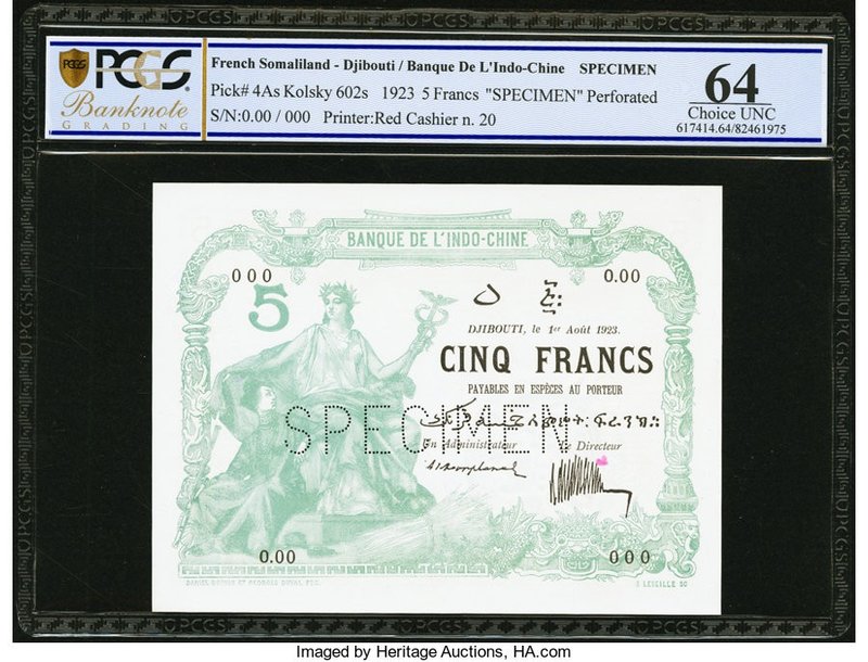 French Somaliland Banque de l'Indochine, Djibouti 5 Francs 1.8.1923 Pick 4As Spe...