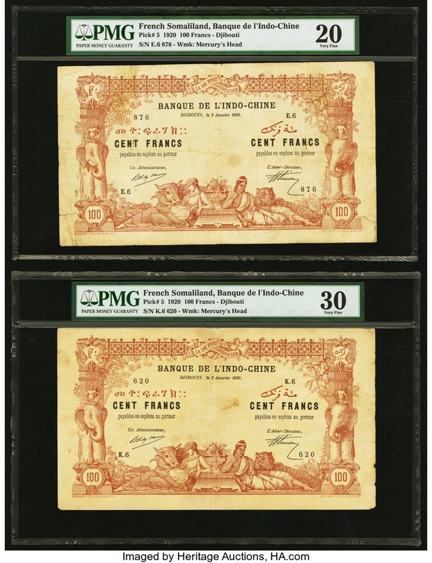 French Somaliland Banque de l'Indochine, Djibouti 100 Francs 2.1.1920 Pick 5 Six...