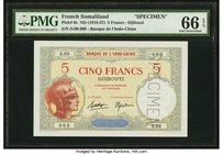 French Somaliland Banque de l'Indochine Djibouti, 5 Francs ND (1928-38) Pick 6s Specimen PMG Gem Uncirculated 66 EPQ. A beautiful and fresh Specimen c...