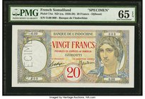 French Somaliland Banque de l'Indochine, Djibouti 20 Francs ND (ca. 1926-28) Pick 7As Specimen PMG Gem Uncirculated 65 EPQ. A beautifully fresh and or...