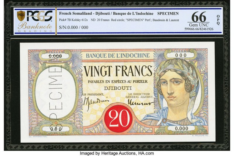 French Somaliland Banque de l'Indochine, Djibouti 20 Francs ND (1928-38) Pick 7B...