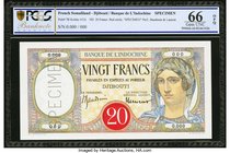 French Somaliland Banque de l'Indochine, Djibouti 20 Francs ND (1928-38) Pick 7Bs Specimen PCGS Gold Shield Gem Unc 66 OPQ. A lovely and well embossed...