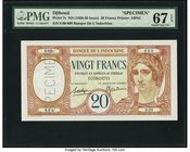 French Somaliland Banque de l'Indochine, Djibouti 20 Francs ND (1928-1938) Pick 7s Specimen PMG Superb Gem Unc 67 EPQ. Simply lovely, and original wit...