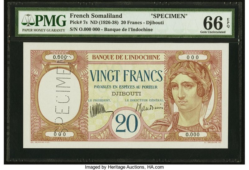 French Somaliland Banque de l'Indochine, Djibouti 20 Francs ND (1926-38) Pick 7s...