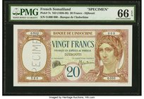 French Somaliland Banque de l'Indochine, Djibouti 20 Francs ND (1926-38) Pick 7s Specimen PMG Gem Uncirculated 66 EPQ. A simply beautiful Specimen for...