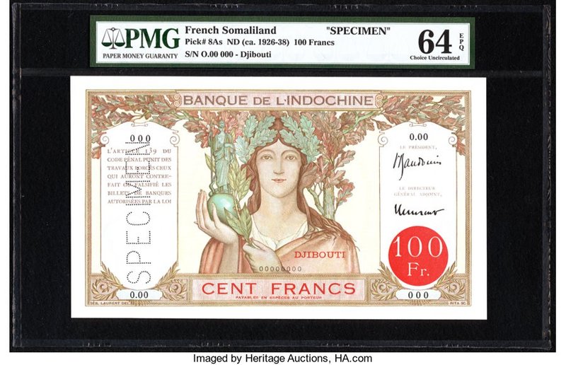 French Somaliland Banque de l'Indochine, Djibouti 100 Francs ND (ca. 1926-38) Pi...