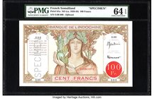 French Somaliland Banque de l'Indochine, Djibouti 100 Francs ND (ca. 1926-38) Pick 8As Specimen PMG Choice Uncirculated 64 EPQ. An attractive Specimen...