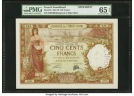 French Somaliland Banque de l'Indochine 500 Francs 20.7.1927 Pick 9s Specimen PMG Gem Uncirculated 65 EPQ. Unusually choice and therefore scarce, this...
