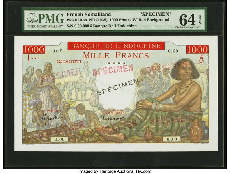 French Somaliland Banque de l'Indochine 1000 Francs ND (1938) Pick 10As Specimen...