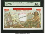 French Somaliland Banque de l'Indochine 1000 Francs ND (1938) Pick 10As Specimen PMG Choice Uncirculated 64 EPQ. A simply beautiful Specimen of this h...