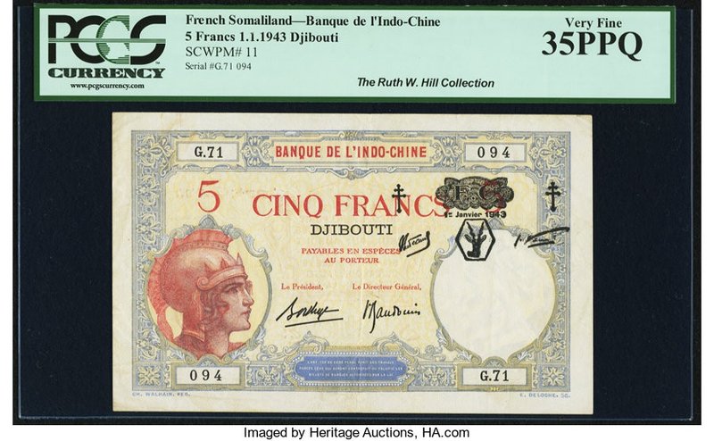 French Somaliland Banque de l'Indochine, Djibouti 5 Francs 1.1.1943 Pick 11 PCGS...