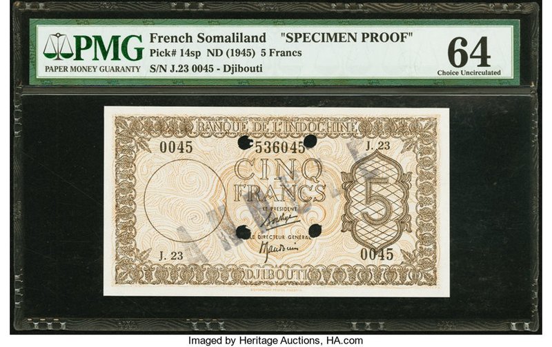 French Somaliland Banque de l'Indochine 5 Francs ND (1945) Pick 14sp Specimen Pr...