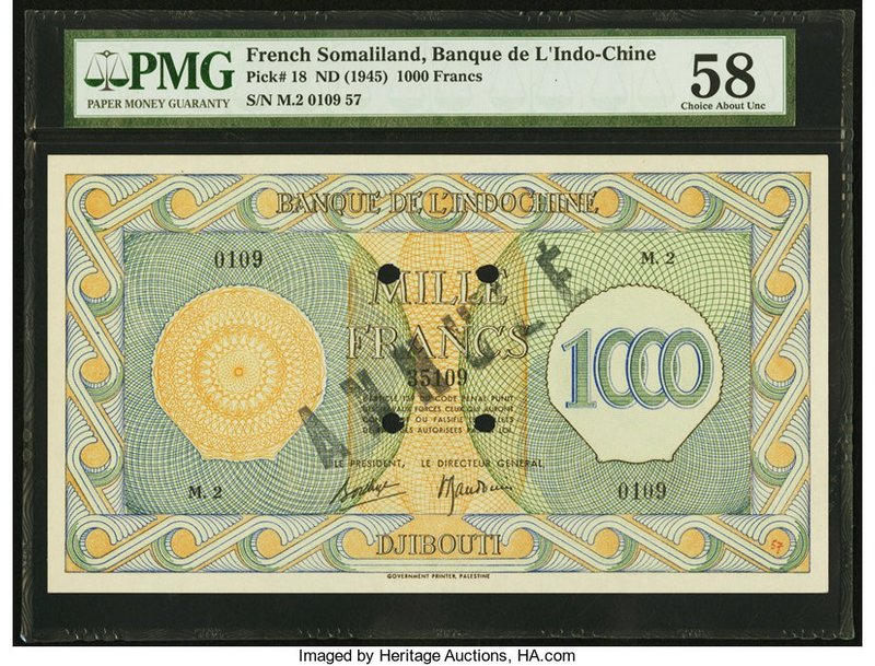 French Somaliland Banque de l'Indochine, Djibouti 1000 Francs ND (1945) Pick 18 ...