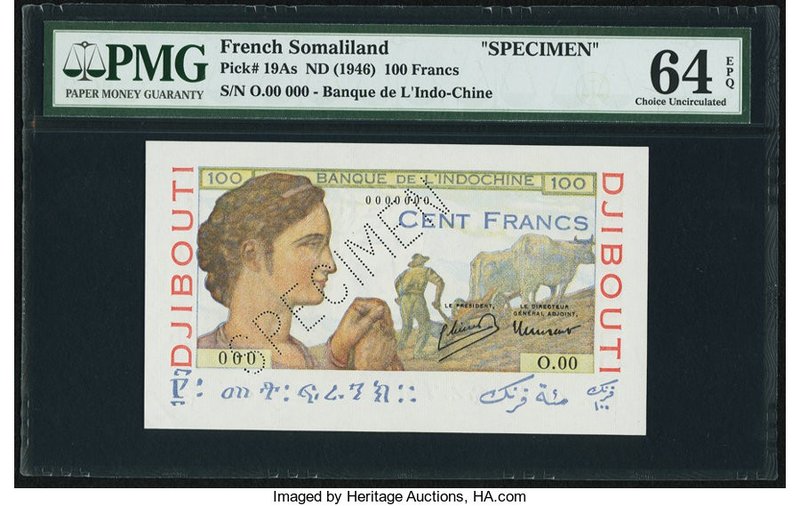 French Somaliland Banque de l'Indochine 100 Francs ND (1946) Pick 19As Specimen ...
