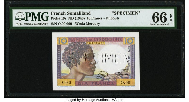 French Somaliland Banque de l'Indochine 10 Francs ND (1946) Pick 19s Specimen PM...