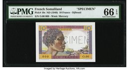 French Somaliland Banque de l'Indochine 10 Francs ND (1946) Pick 19s Specimen PMG Gem Uncirculated 66 EPQ. A classically African designed French note ...