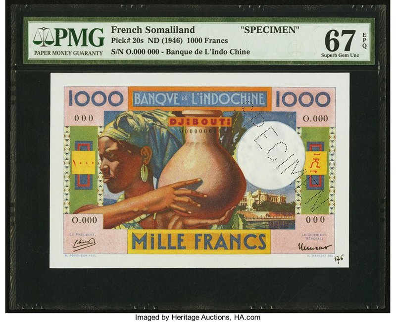 French Somaliland Banque de l'Indochine 1000 Francs ND (1946) Pick 20s Specimen ...