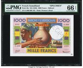 French Somaliland Banque de l'Indochine, Djibouti 1000 Francs ND (1946) Pick 20s Specimen PMG Gem Uncirculated 66 EPQ. Robust colors are seen on both ...