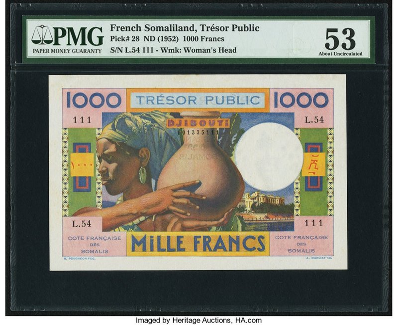 French Somaliland Tresor Public Cote Francaise des Somalis 1000 Francs ND (1952)...