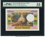 French Somaliland Tresor Public Cote Francaise des Somalis 1000 Francs ND (1952) Pick 28 PMG About Uncirculated 53. Most of the original embossing is ...