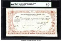 New Caledonia Tresor Public 2000 Francs 21.2.1874 Pick UNL PMG Very Fine 30. A lightly circulated example from the late 1800s issue. Third party gradi...
