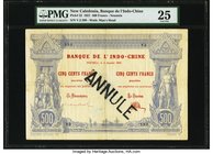 New Caledonia Banque de l'Indochine 500 Francs 3.1.1922 Pick 22 PMG Very Fine 25. Survivors from this 1920s issue are very rare, and this is the fines...