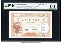 New Caledonia Banque de l'Indochine, Noumea 5 Francs ND (1926) Pick 36bs Specimen PMG Gem Uncirculated 66 EPQ. A superlative example of this scarce Sp...