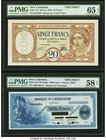 New Caledonia Banque de l'Indochine Specimen Pair. 20 Francs ND (ca. 1929) Pick 37s Specimen PMG Gem Uncirculated 65 EPQ, and a 1000 Francs ND (1943) ...