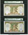 New Caledonia Banque de l'Indochine 100 Francs Specimen Pair. 100 Francs ND (1957) Pick 42ds Specimen PMG Gem Uncirculated 66 EPQ, and a 100 Francs ND...