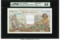 New Caledonia Banque de l'Indochine 1000 Francs ND (1963) Pick 43cs Specimen PMG Choice Uncirculated 64. The less commonly seen 1000 Franc Specimen fr...