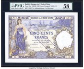 Tahiti Banque de l'Indochine 500 Francs 1.3.1926 Pick 13a PMG Choice About Unc 58. An elegant example with deep purple inks. Featuring a lovey allegor...