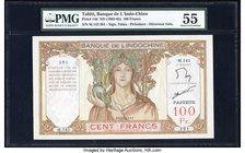 Tahiti Banque de l'Indochine 100 Francs ND (1963-65) Pick 14d PMG About Uncirculated 55. Deep brown inks on a multicolor underprint are seen on this c...