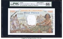 Tahiti Banque de l'Indochine, Papeete 1000 Francs ND (1940-57) Pick 15s Specimen PMG Gem Uncirculated 66 EPQ. A spectacular Specimen featuring a nosta...