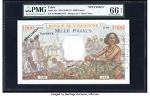 Tahiti Banque de l'Indochine, Papeete 1000 Francs ND (1940-57) Pick 15s Specimen PMG Gem Uncirculated 66 EPQ. A delightful Specimen with well blended ...